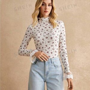 Ditsy Floral Print Embroidery Mesh Flare Sleeve Mock Neck long sleeve shirt